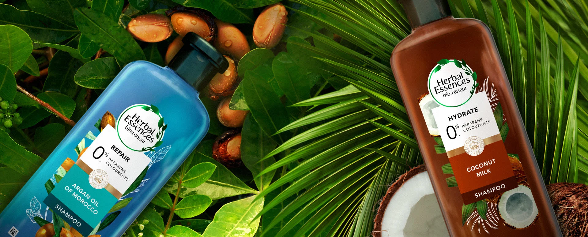 Homepage banner featuring a botanical theme with lush greenery and colorful flowers, representing the natural essence of Herbal Essences Bio Renew Products.