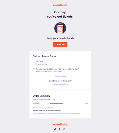 What do Eventbrite tickets and confirmation emails look like