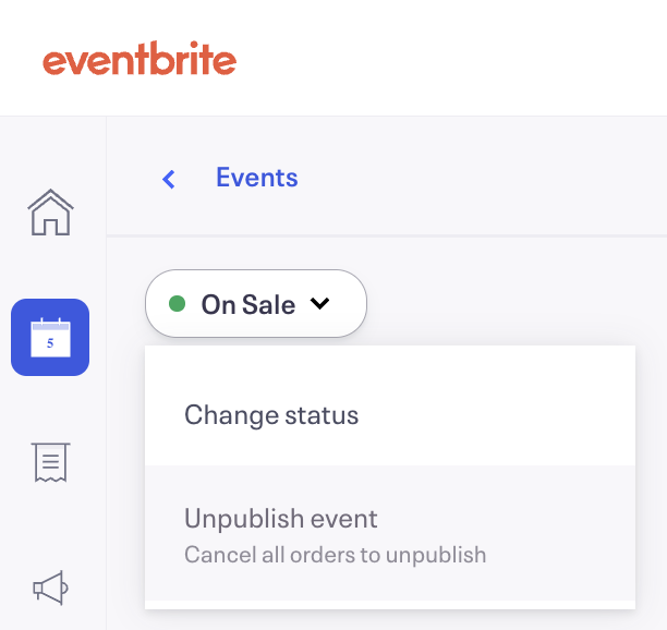 Example image for the "unpublish event" option in the event status dropdown.
