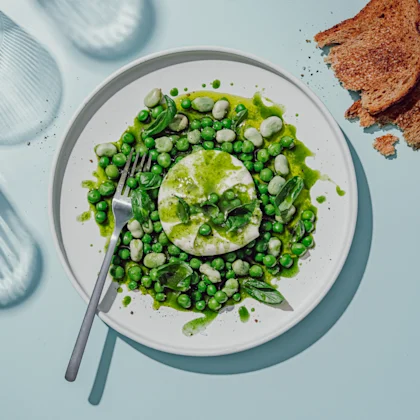 Burrata amb pèsols i faves