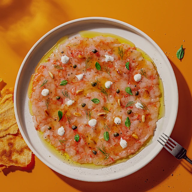Carpaccio de gamba vermella amb stracciatella, pinyons i ratlladura de llimona