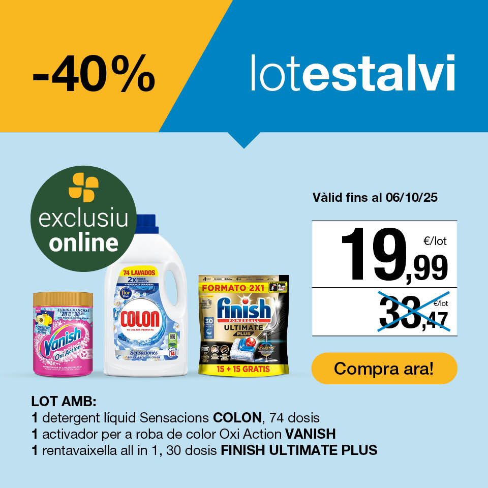 Compra el lot estalvi drogueria: 1 detergent líquid Sensacions Colon 74 dosis, 1 activador per a roba de color Oxi Action Vanish i 1 rentavaixella all in 1 Finish Ultimate Plus 30 dosis per a un preu de 19,99€. Vàlid fins al 06/10/2025. Compra ara!