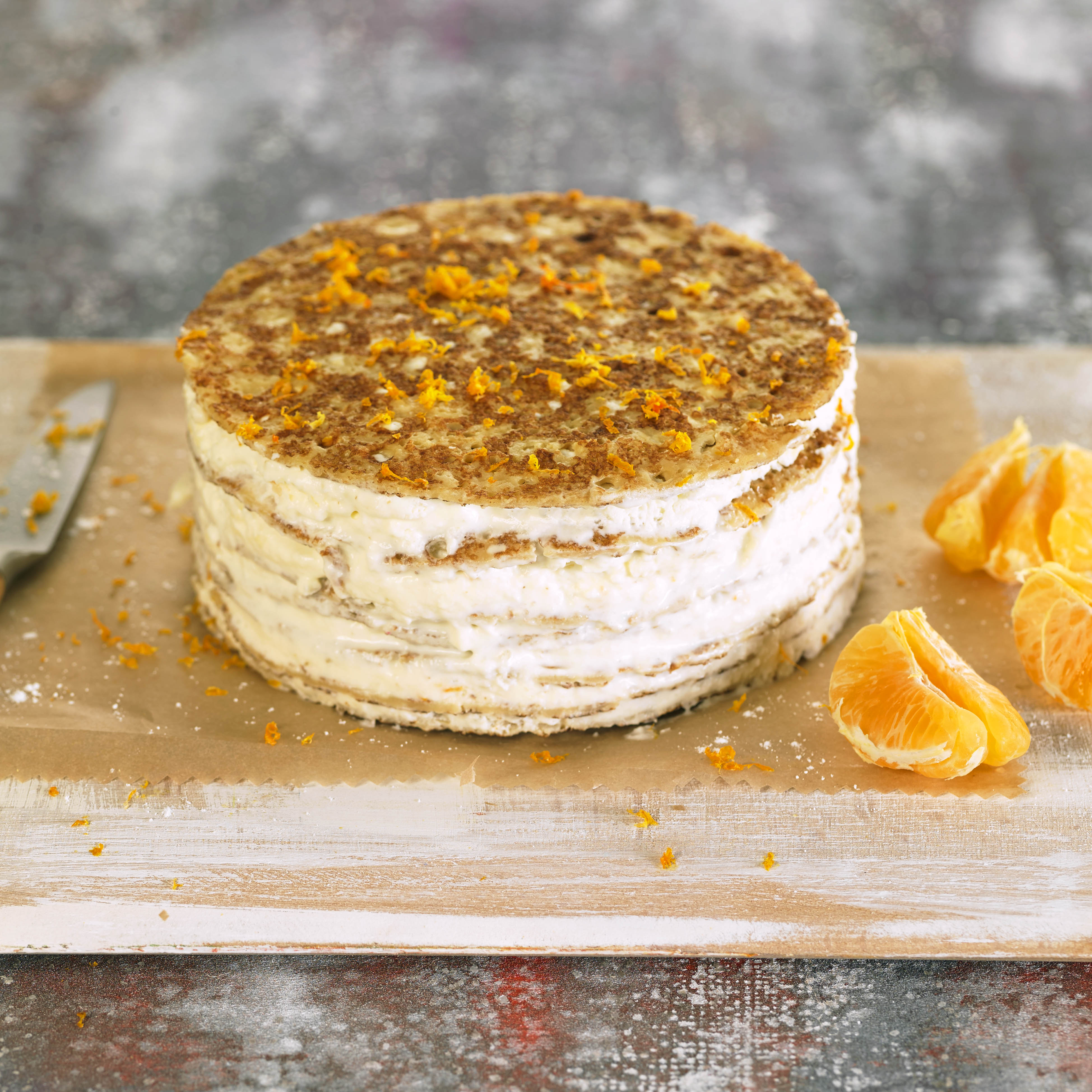 Pastís de creps amb mousse de mandarina