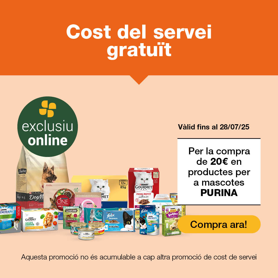 Per la compra de 20€ en productes per a mascotes Purina, gaudeix del cost de servei gratuït en la teva compra online. Vàlid fins al 18/07/2025. Compra ara!