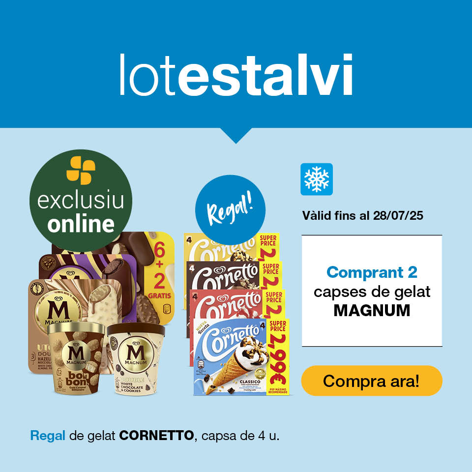 Fes clic aquí per comprar el lot estalvi: comprant 2 capses de gelats Magnum, et regalem una capsa de gelats Cornetto. Vàlid fins al 28/07/2025. Compra ara!