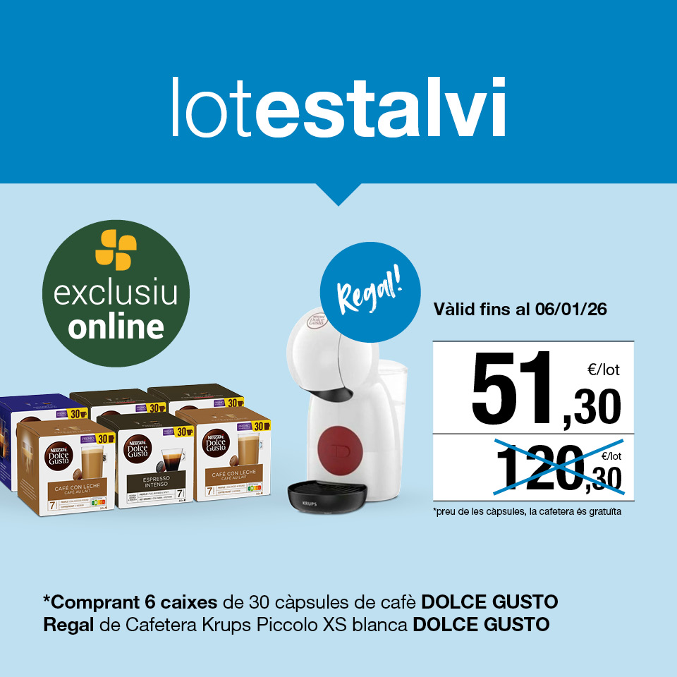 Comprant 6 caixes de 30 càpsules de cafè Dolce Gusto per 51,30€, regal d'una cafetera Krups Piccolo XS blanca Dolce Gusto. Pagues el preu de les càpsules, la cafetera és gratuïta! Oferta exclusiva online. Vàlid fins al 6 de gener de 2026. Compra ara!