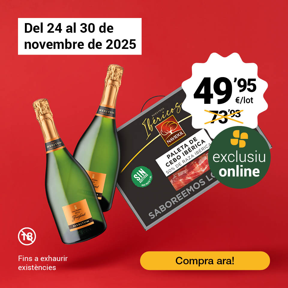 Lot estalvi: 1 espatlla d'enceball 50% ibèrica Navidul 10 paquets de 70g i 2 ampolles de cava Freixenet Brut nature Meritum per 49,95€. Oferta exclusiva online. Vàlid fins al 30/11/2'26. Compra ara!