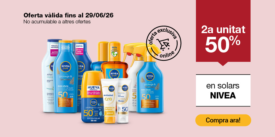 Fes clic aquí per veure la 2a unitat al 50% en solars Nivea. Oferta exclusiva online. Vàlid  fins al 29/6/26. Compra ara!