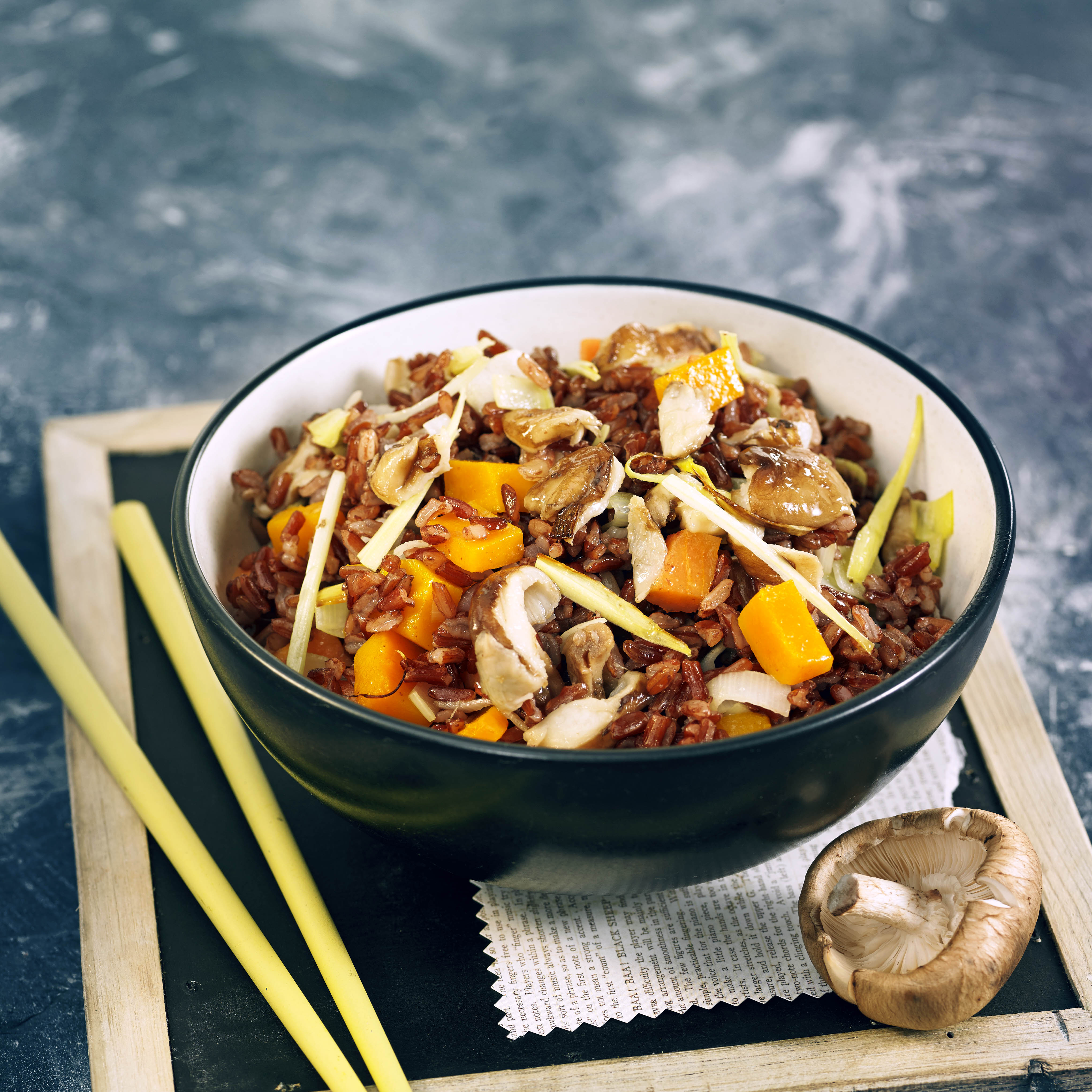 Arròs vermell amb xiitake, carbassa i moniato