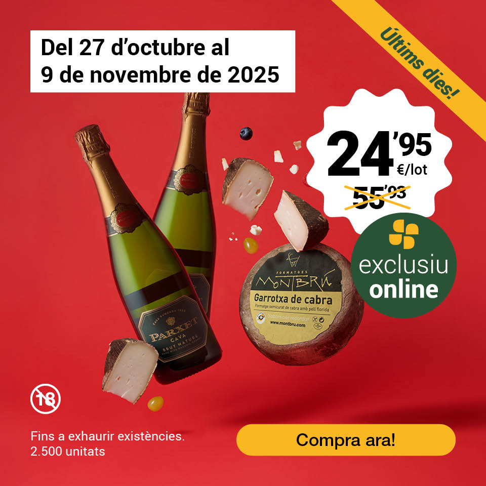 Compra el lot estalvi: 1 formatge Montbrú Garrotxa de cabra semicurat Km0 i 2 ampolles de cava Parxet brut nature guarda superior reserva per 24,99€/lot. Oferta exclusiva online. Vàlida fins al 9/11/2025. Compra ara! Fins esgotar existències 2.500 unitats.
