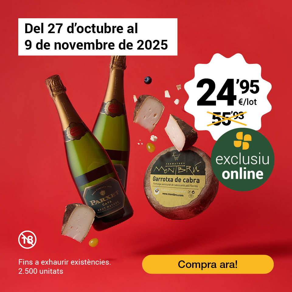 Compra el lot estalvi: 1 formatge Montbrú Garrotxa de cabra semicurat Km0 i 2 ampolles de cava Parxet brut nature guarda superior reserva per 24,99€/lot. Oferta exclusiva online. Vàlida fins al 9/11/2025. Compra ara! Fins esgotar existències 2.500 unitats.