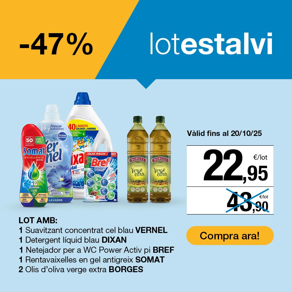 Lot estalvi: 1 suavitzant concentrat cel blau Vernel, 1 detergent líquid blau Dixan, 1 netejador wc Power Active Bref, 1 rentavaixelles en gel antigreix Somat i 2 olis d'oliva verge extra Borges, per un preu de 22,95€. Vàlid fins al 20/10/2025. Compra ara!