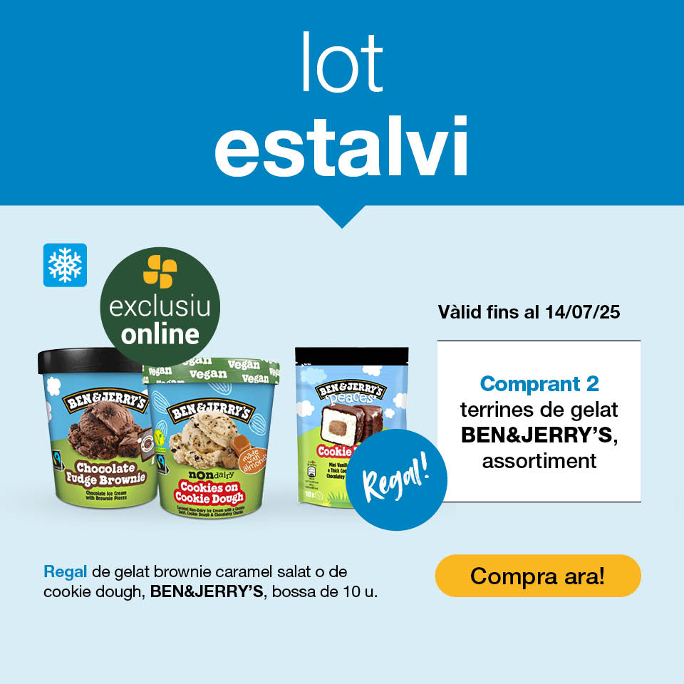Comprant 2 terrines de gelat Ben&Jerry's, regal de gelat brownie caramel salat o de cookie dough Ben&Jerry's en bossa de 10 unitats. Vàlid fins al 14/07/2025.