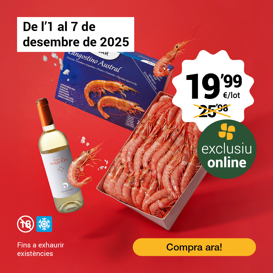 Lot estalvi: 1 capsa de gamba llagostinera 2kg i 1 ampolla de vi blanc Ramón Roqueta Chardonnay DO Catalunya per 19,99€. Oferta exclusiva online. Vàlid fins al 7 de desembre de 2025. Compra ara!