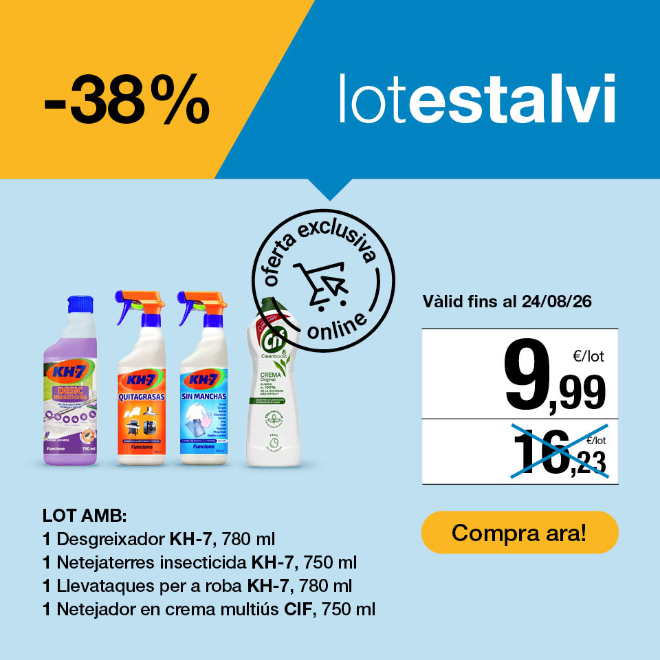 Fes clic aquí per veure el lot neteja: 1 pistola sense taques, 1 ampolla netejadora, 1 netejaterres i 1 desgreixador pel preu de 9,99€.  Oferta exclusiva online vàlida fins al 24/8/26. Compra ara!