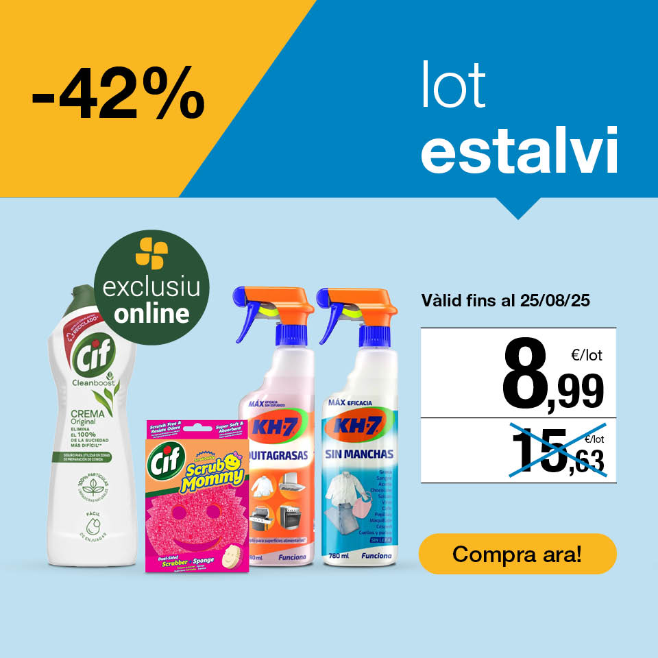 Fes clic aquí per comprar el lot estalvi: 1u desgreixador Kh7, 1u llevataquest Kh7, 1u netejador Cif i 1u fregall Cif a 8,99€. Oferta exclusiva online. Vàlid fins al 25/08/2025. Compra ara!