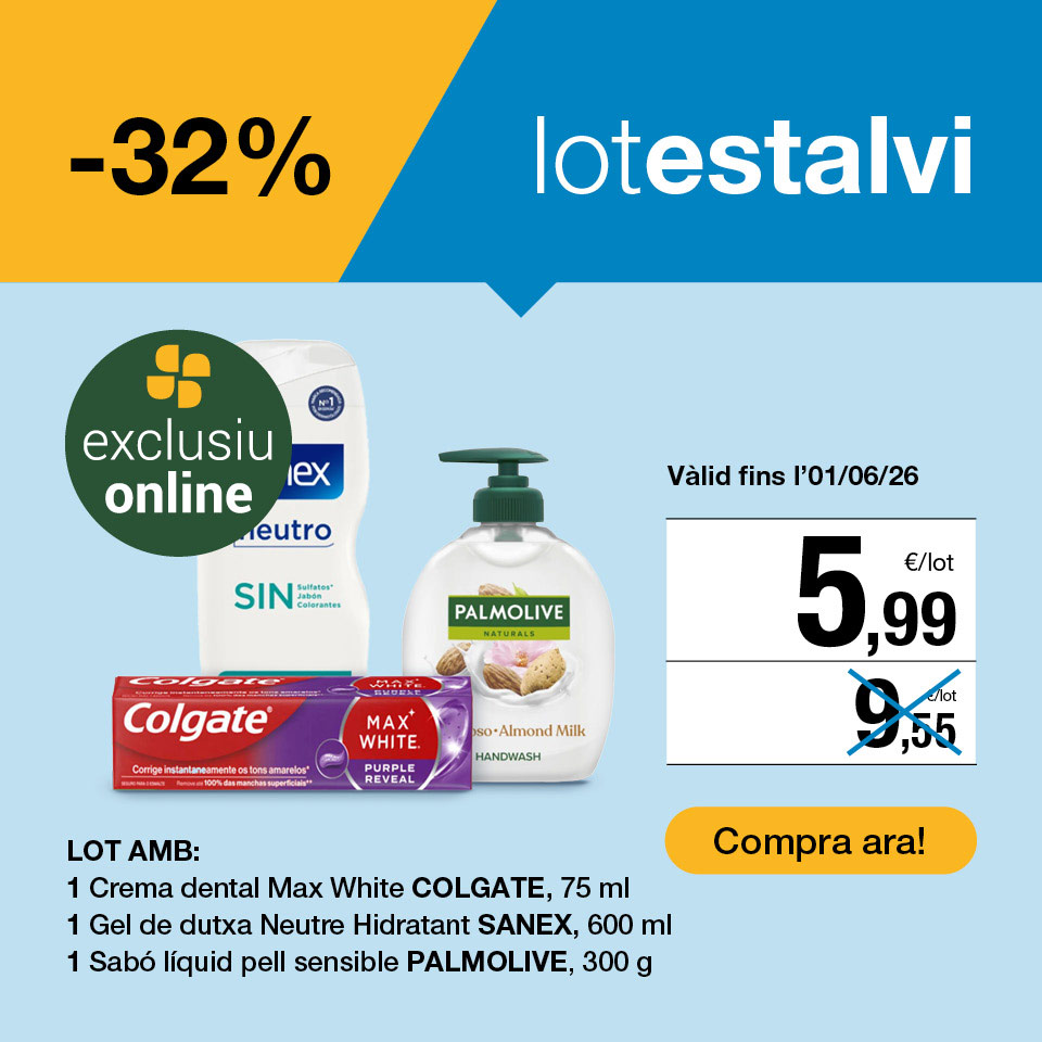 Fes clic aquí per veure el lot higiene personal: 1 crema de dents Colgate, 1 gel de bany Sanex i 1 sabó de mans Palmolive pel preu de 5,99€. Oferta exclusiva online. Vàlid fins al 1/6/26. Compra ara!