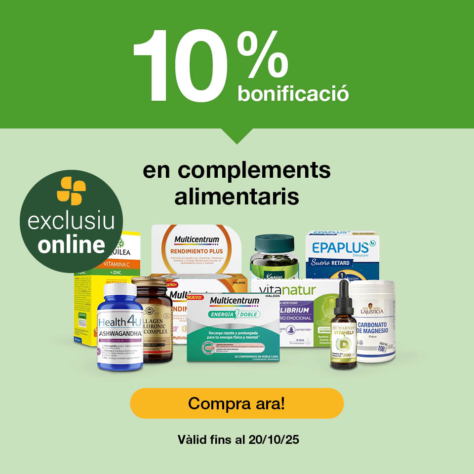 Gaudeix del 10% de bonificació en complements alimentaris de la secció de parafarmàcia. Vàlid fins al 20/10/2025. Compra ara!