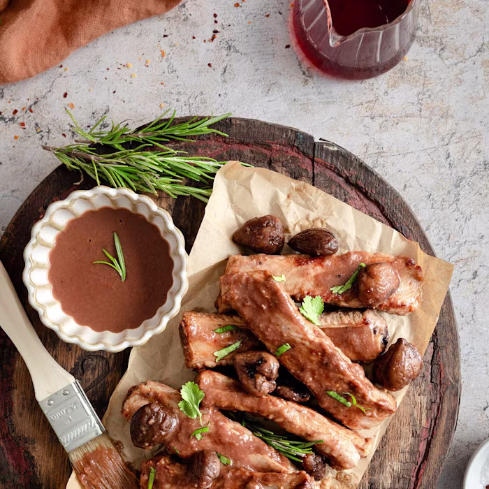 Costelles de porc amb salsa de castanya i vermut