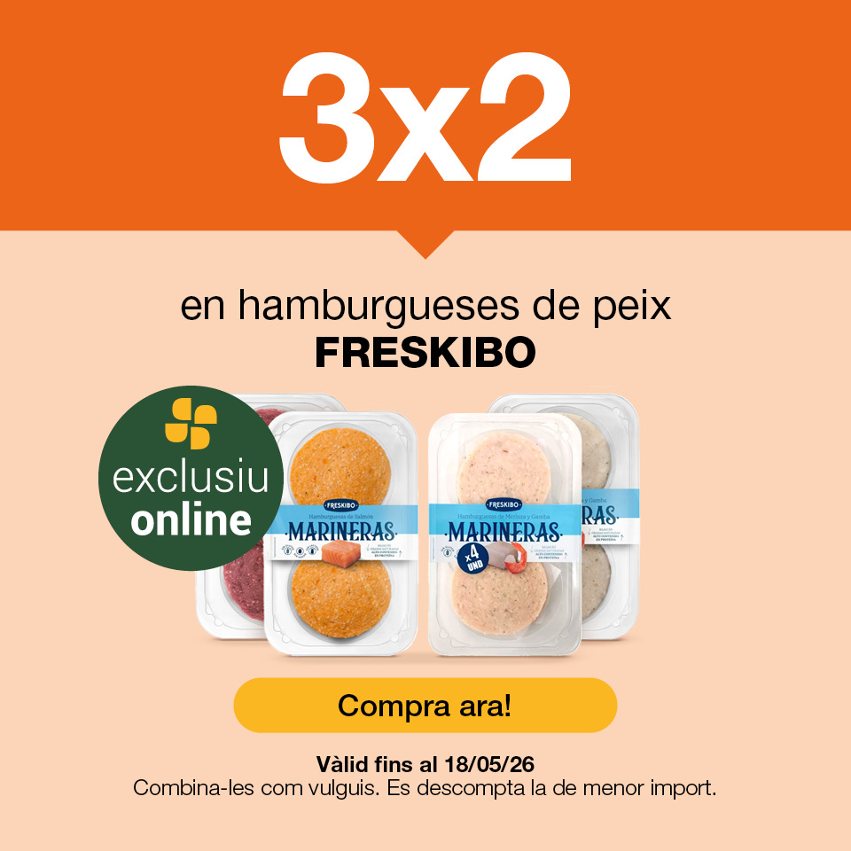 Fes clic aquí per veure el 3x2 en hamburgueses Freskibo. Oferta exclusiva online. Vàlid fins al 18/5/26. Compra ara!