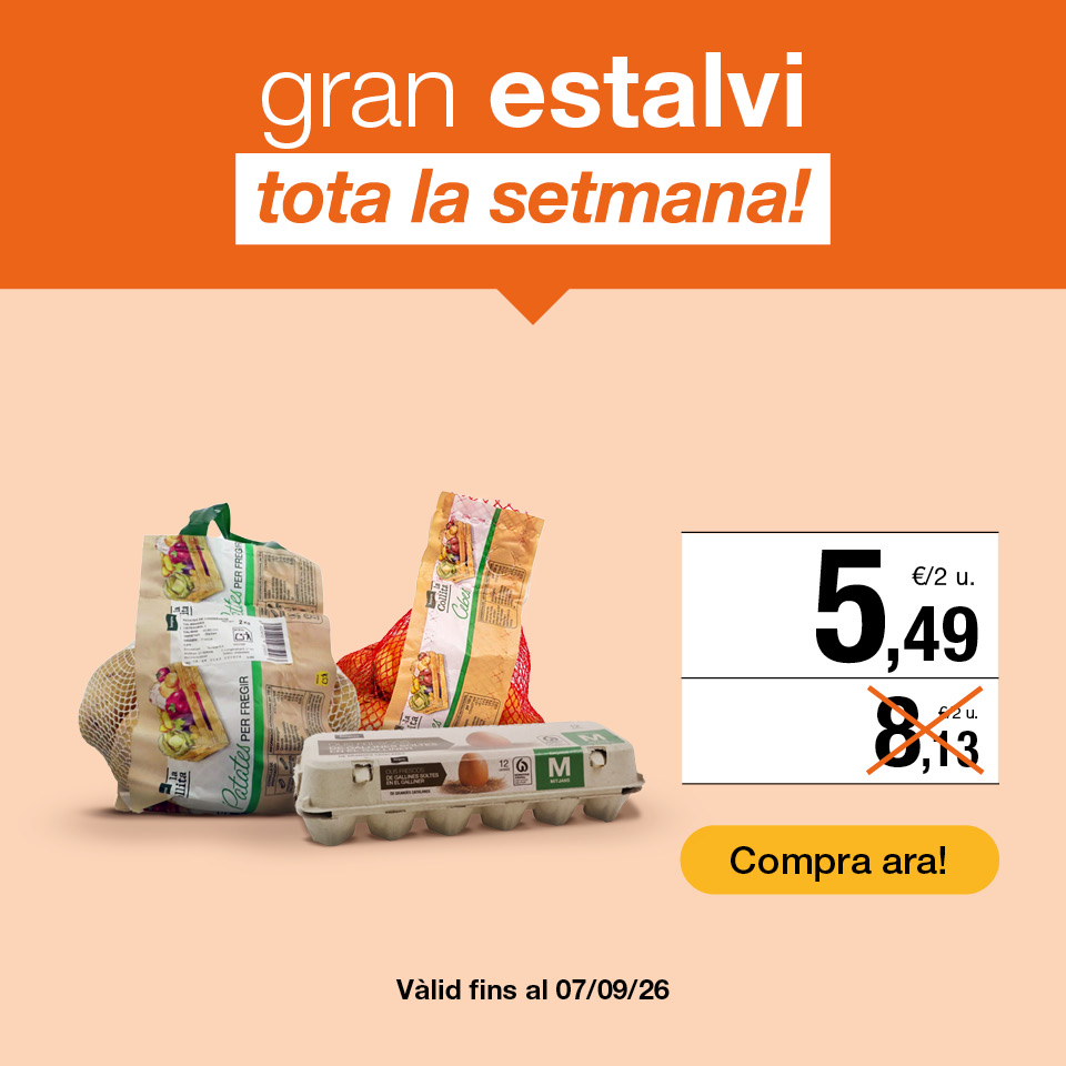 Fes clic aquí per veure el lot truita de patates: 1 dotzena d'ous, 1 malla de ceba i 1 bossa de patates pel preu de 5.49€. Oferta vàlida fins al 7/9/26. Compra ara!
