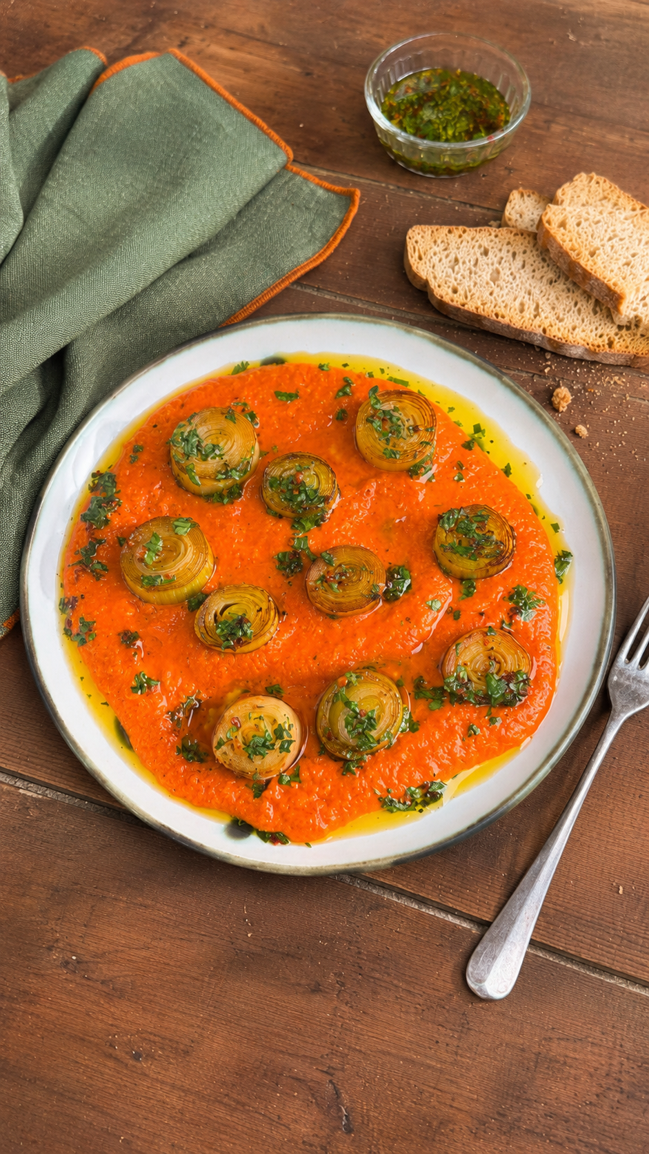 Porros al forn amb crema de piquillos i vinagreta d’herbes