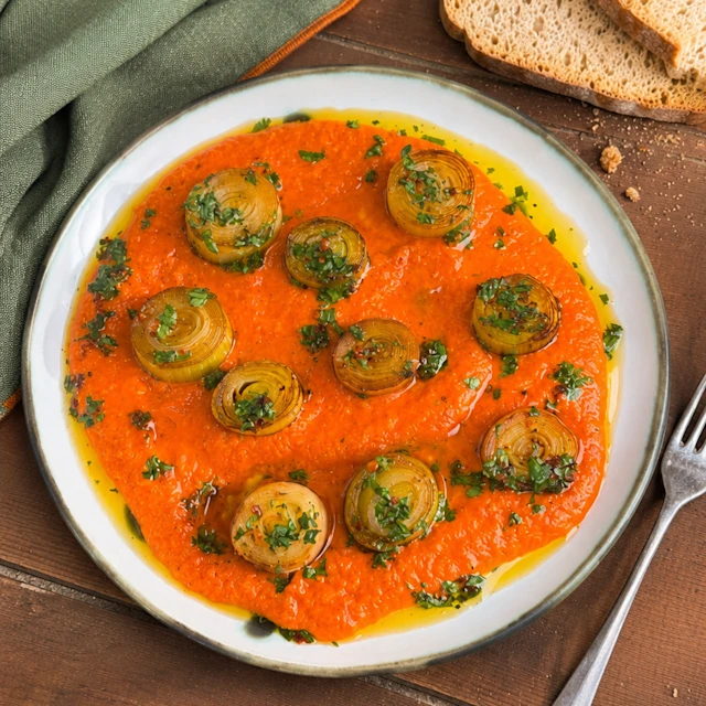 Porros al forn amb crema de piquillos i vinagreta d’herbes
