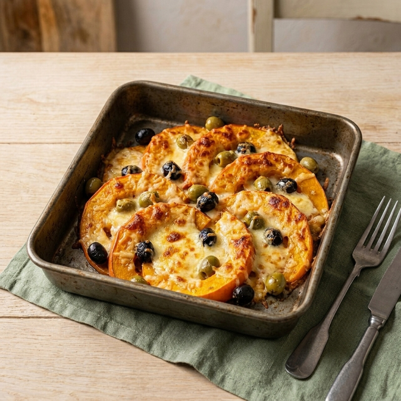 Carbassa gratinada amb formatge gruyere i olives