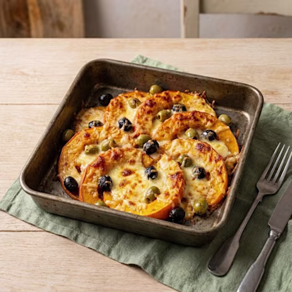 Carbassa gratinada amb formatge gruyere i olives