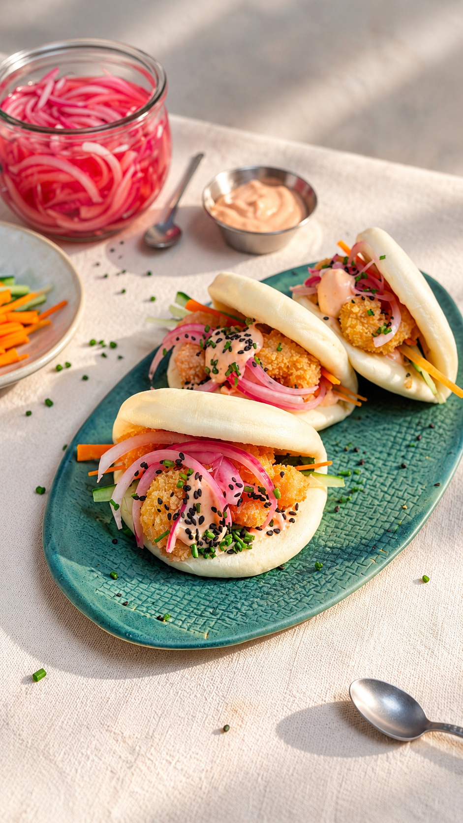 Bao de gambes arrebossades amb ceba adobada