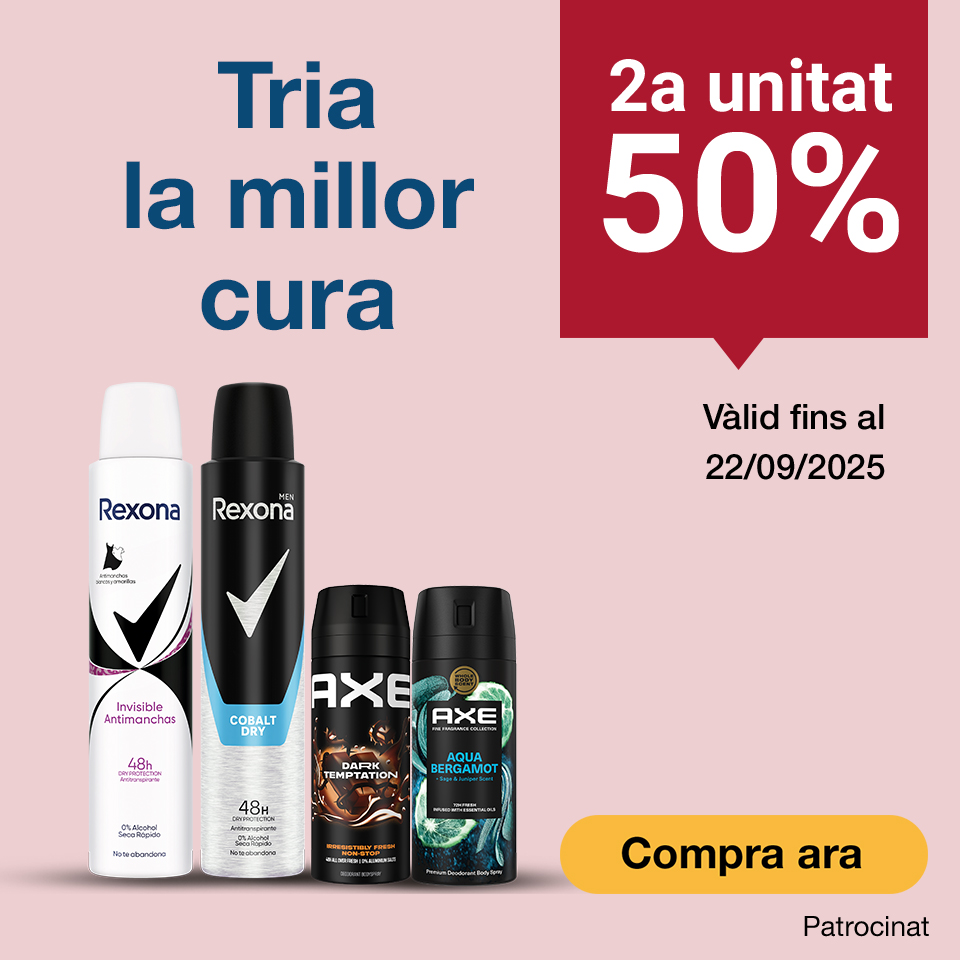 Fes clic aquí per comprar l'oferta de 2a unitat al 50% en desodorants Rexona i Axe. Vàlid fins al 22/09/2025. Compra ara!