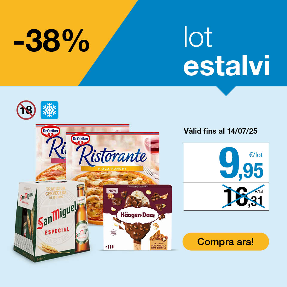 Compra el lot estalvi: 2 pizzes Ristorante, 1 gelat bombó Haagen-Dazs i 1 pack d'ampolles de cervesa San Miguel, per 9,95€. Vàlid fins al 14/07/2025.