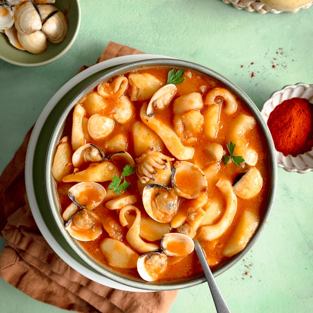 Patates caldoses amb sípia i cloïsses