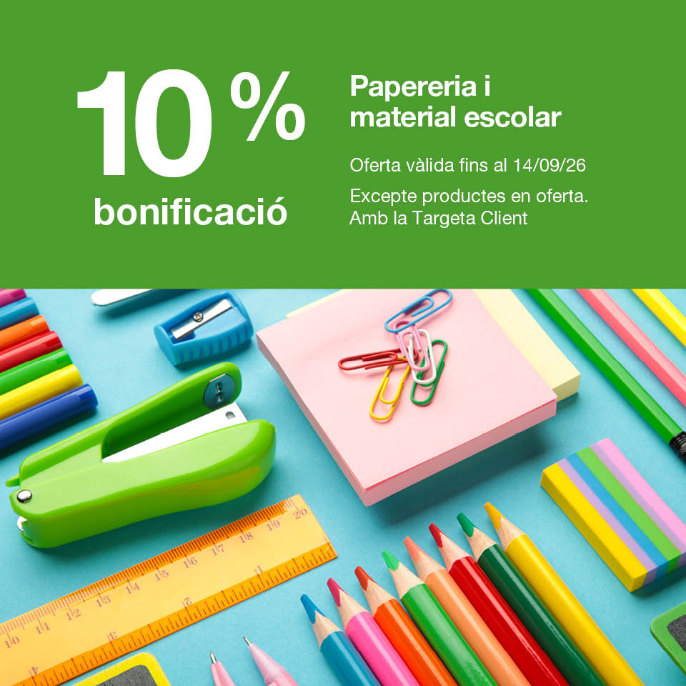 10% de bonificació en papereria i material escolar. Oferta vàlida fins al 14/9/26, excepte productes en oferta. Amb targeta client. Compra ara!