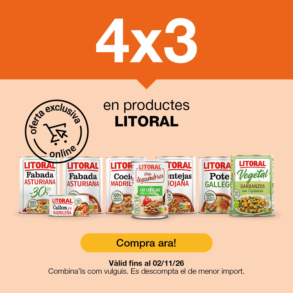 Fes clic aquí per veure el 4x3 en productes Litoral. Oferta exclusiva online vàlida fins el 2/11/26. Compra ara!