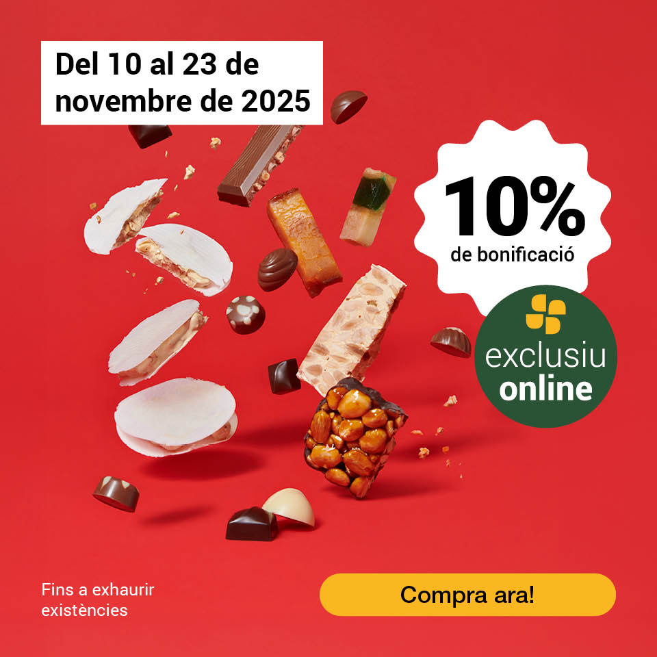 Gaudeix del 10% de bonificació en torrons, bombons, mantegades i neules. Oferta exclusiva online. Vàlid fins al 23 de novembe de 2025. Compra ara!