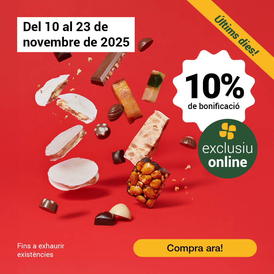 Gaudeix del 10% de bonificació en torrons, bombons, mantegades i neules. Oferta exclusiva online. Vàlid fins al 23 de novembe de 2025. Compra ara!