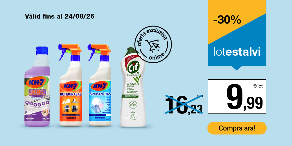 Fes clic aquí per veure el lot neteja: 1 pistola sense taques, 1 ampolla netejadora, 1 netejaterres i 1 desgreixador pel preu de 9,99€.  Oferta exclusiva online vàlida fins al 24/8/26. Compra ara!