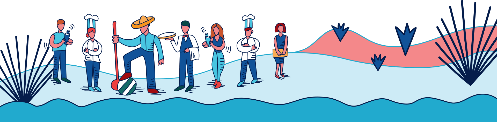 Two bartenders, two chefs, a businessperson, a server, and an agave harvester standing in a row.
