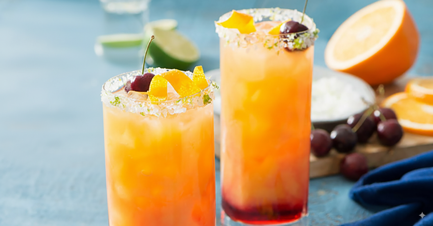 Two glasses of Tequila Sunrise cocktail on a table in front of a fruit spread and a bottle of Don Julio Blanco