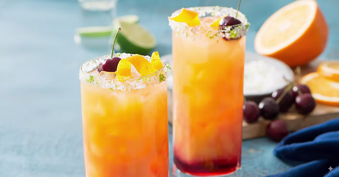 Two glasses of Tequila Sunrise cocktail on a table in front of a fruit spread and a bottle of Don Julio Blanco