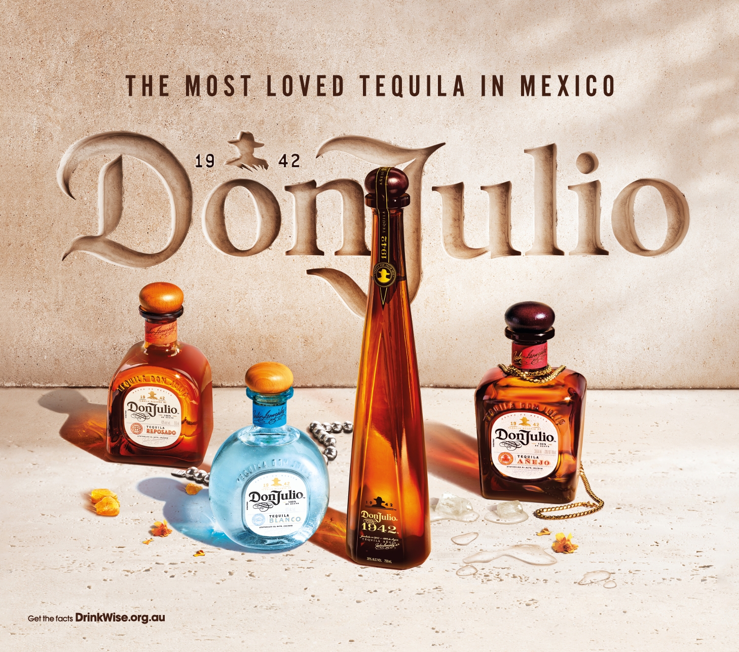 Image featuring a collection of Don Julio Tequila bottles displayed against a textured wall with the engraved text 'Don Julio 1942' and the slogan 'The Most Loved Tequila in Mexico.