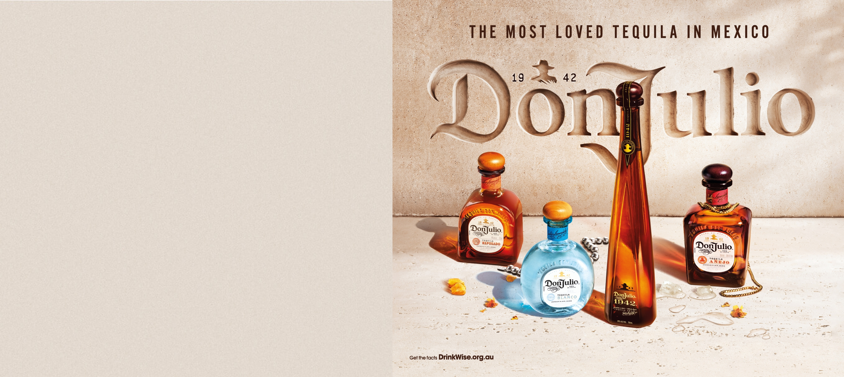 Image featuring a collection of Don Julio Tequila bottles displayed against a textured wall with the engraved text 'Don Julio 1942' and the slogan 'The Most Loved Tequila in Mexico.