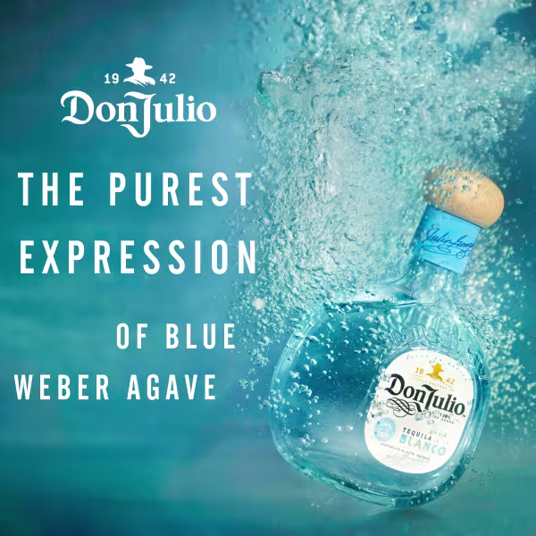The purest expression of blue weber agave with a bottle of Tequila Don Julio Blanco submerged in water with bubbles rising from it