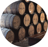 Barrels stacked in a warehouse