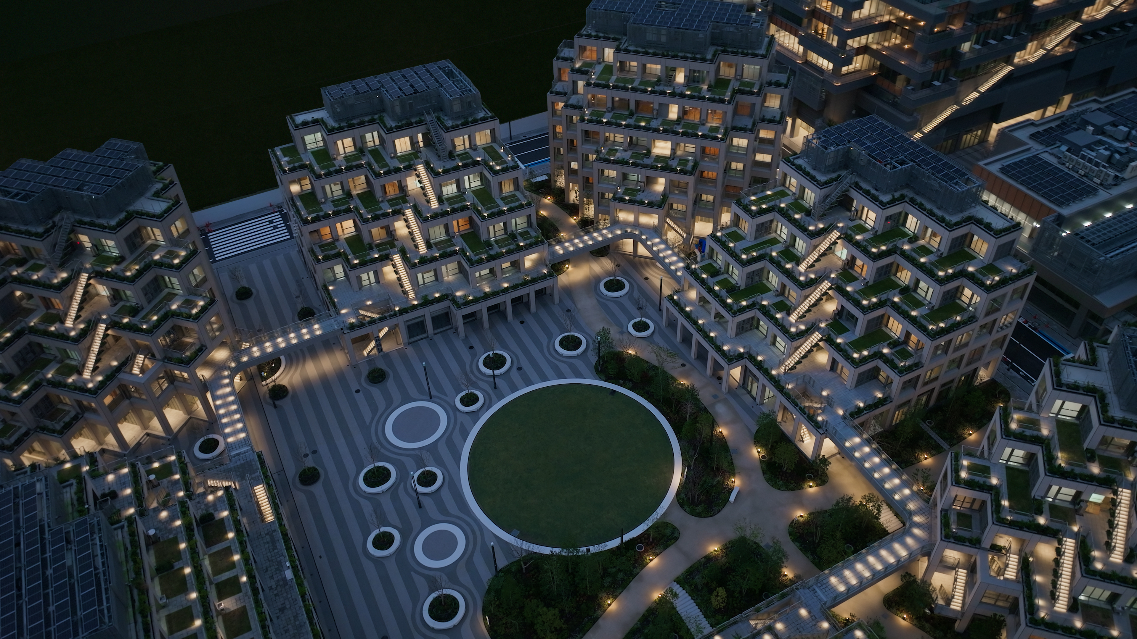 Woven City from above, with the courtyard at the center