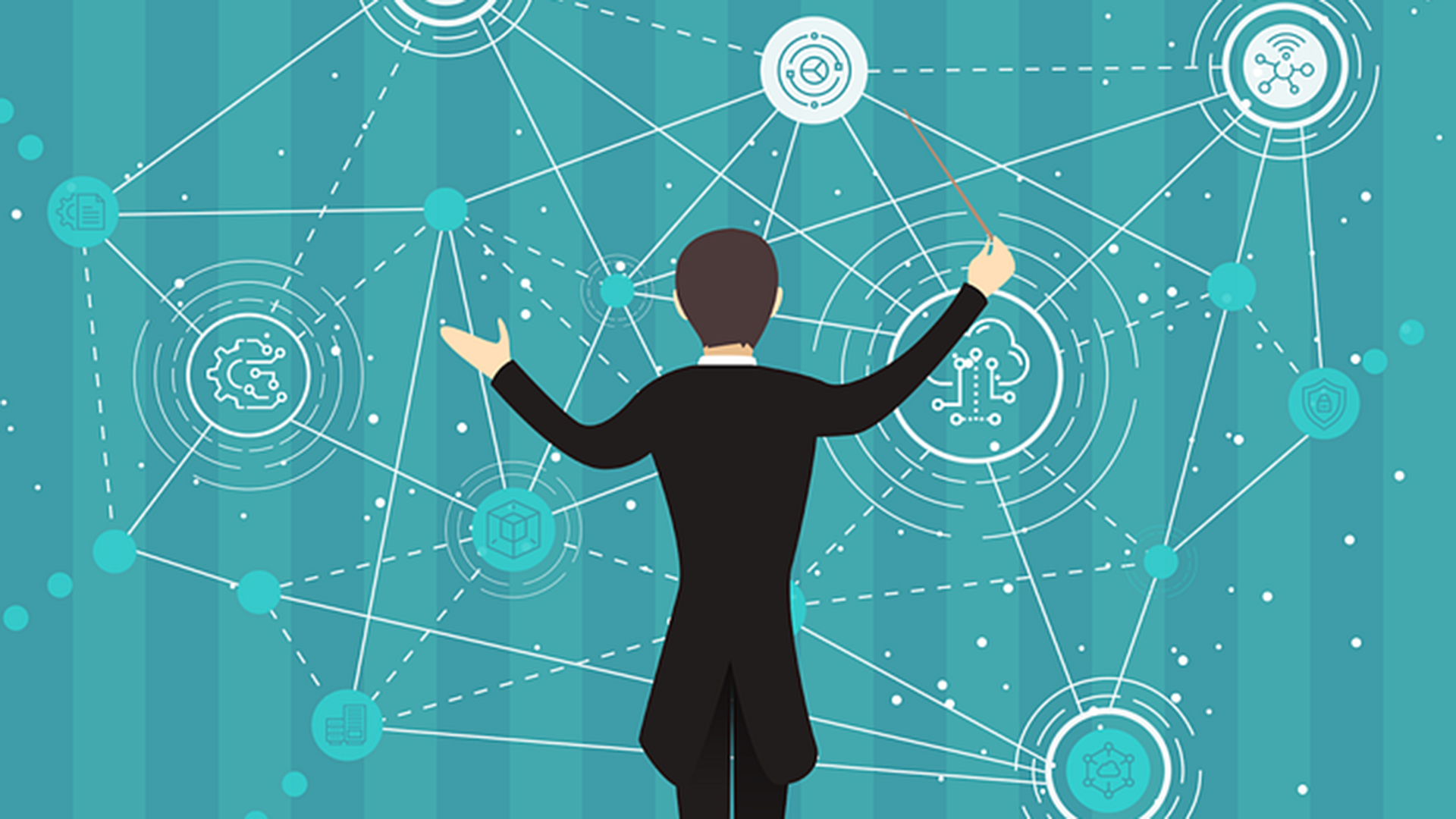 監視付きの自動化を表現する指揮者と繋がれた技術関連のアイコンのイラスト