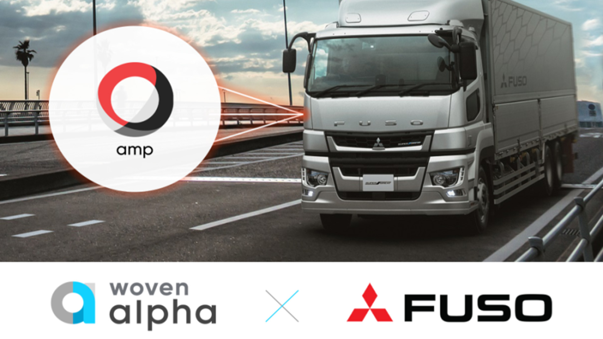 ウーブン・アルファと三菱ふそうの企業ロゴとAMP搭載のトラック画像