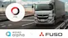 Logos of Woven Alpha and Fuso with an image of an AMP-equipped truck