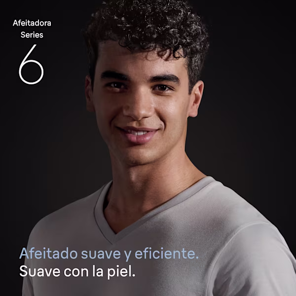 Hombre sonriente con la cara afeitada. El texto dice: Afeitado suave y eficiente. Hombre sonriente con la cara afeitada. El texto dice: Afeitado suave y eficiente.
